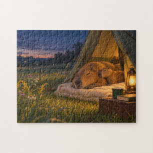 Capybara-Sonnenuntergangs-Campingzelt-Illustration Puzzle