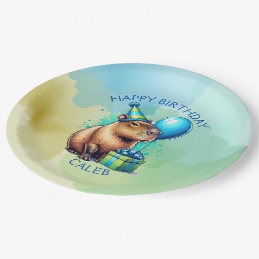 Capybara Themed Boy's Birthday Party Personalized Pappteller (Schrägansicht)