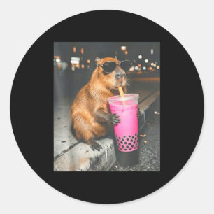 Capybara trinkt eisgekühlten Boba-Tee lustiges Tie Runder Aufkleber