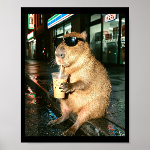 Capybara trinkt kalten Kaffee, Capybara-Foto-Meme Poster