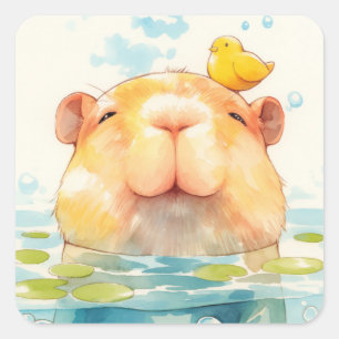 Capybara und Bird Friend Quadratischer Aufkleber