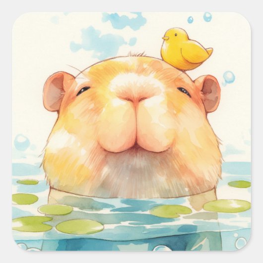 Capybara und Bird Friend Quadratischer Aufkleber (Vorderseite)