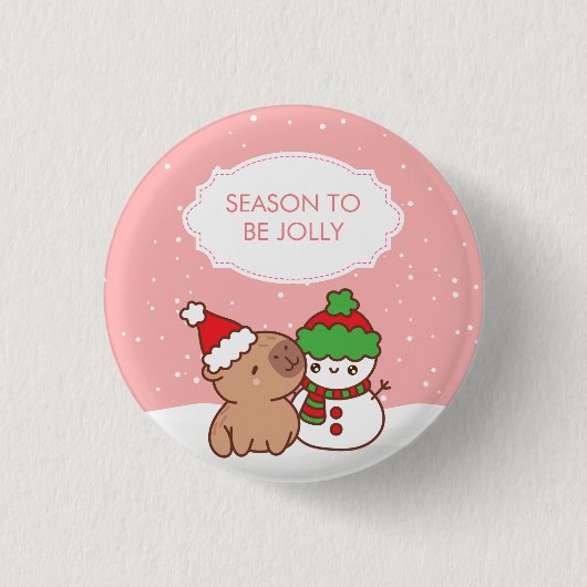 Capybara und Snowman Jahreszeit zu Niedlichen Weih Button (Vorderseite)