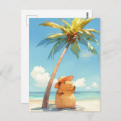 Capybara Wearing Sun Hat on Tropical Summer Beach Postkarte (Vorne/Hinten)