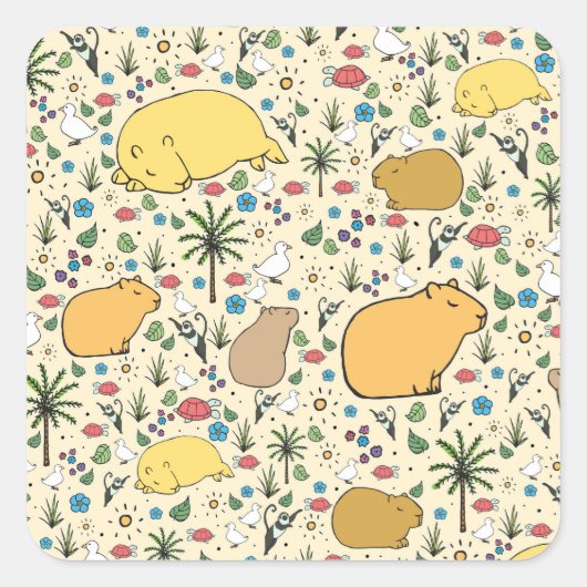 Capybaras in Gelb Quadratischer Aufkleber (Vorderseite)
