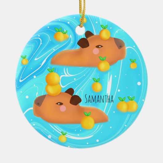 Capybaras in Wasser mit Orangen Keramik Ornament (Vorne)