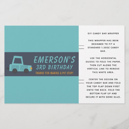 Car Boy's Birthday Candy Bar Wrapper Gefallen (Vorderseite)