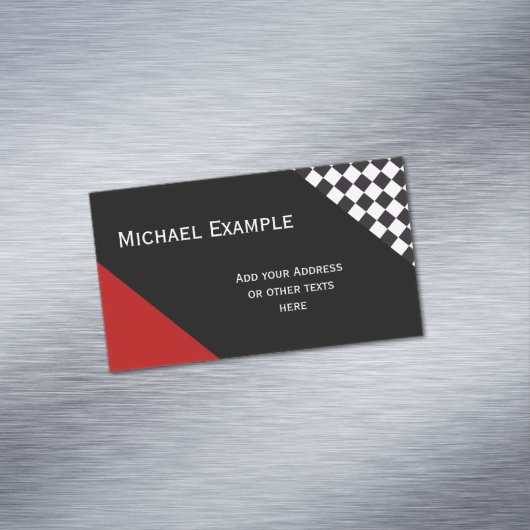Car Racing / Schachmuster + Ihr Backgr. & Text Magnetische Visitenkarte (Beispiel)