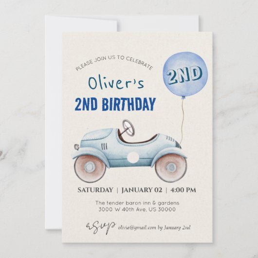 Car Theme Junge 2. Geburtstag Einladung (Vorderseite)