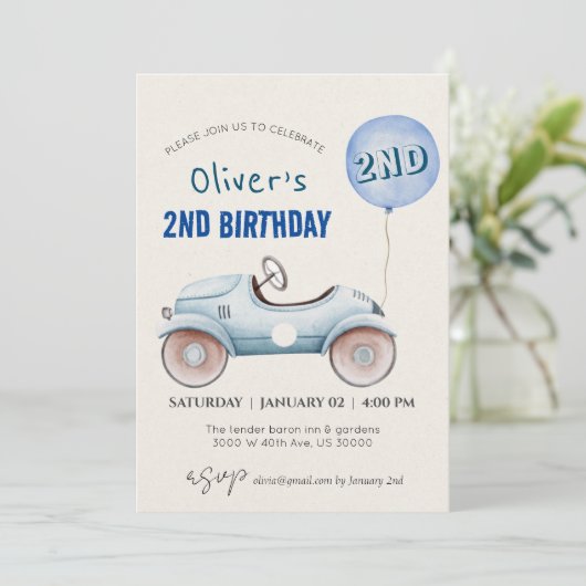 Car Theme Junge 2. Geburtstag Einladung (Stehend Vorderseite)