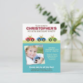 Car Trio Boy's Aqua Geburtstagsparty Einladung (Stehend Vorderseite)