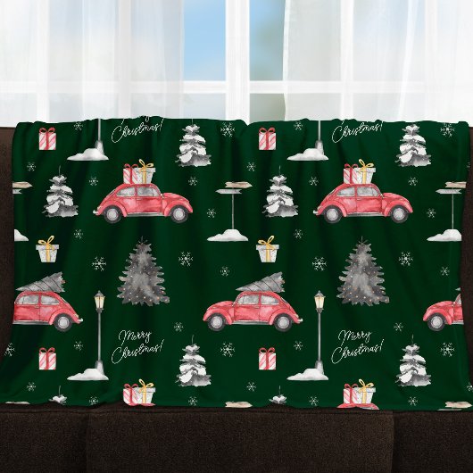 Car Winter Pattern Frohe Weihnachten Grün Medium Fleecedecke