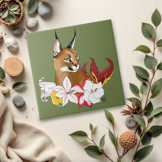 Caracal Wild Cat Floral Green Fliese