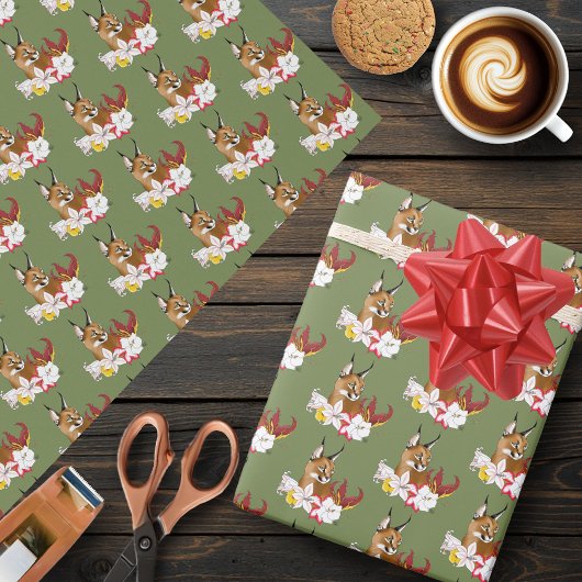 Caracal Wild Cat Floral Green Geschenkpapier