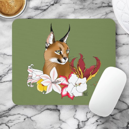 Caracal Wild Cat Floral Green Mousepad