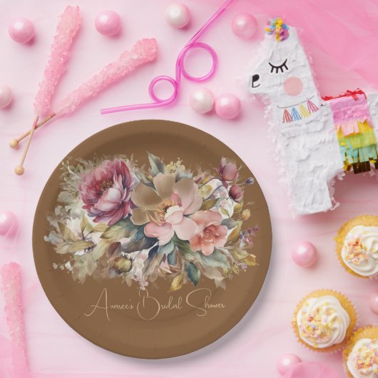 Caramel Brown Pink Peach Burgundy Blumendusche Pappteller (Party)