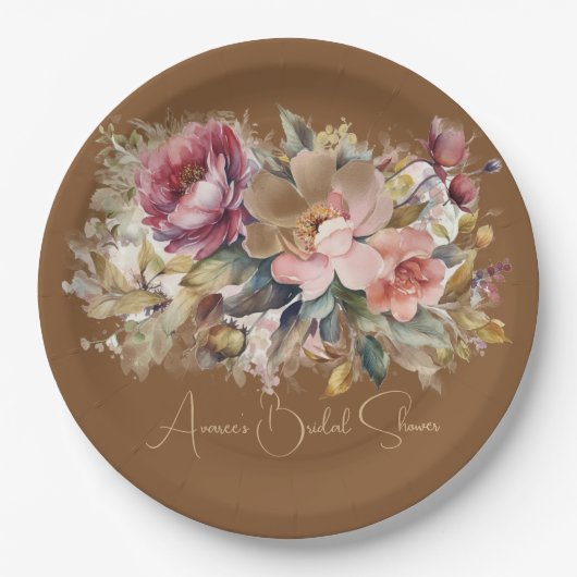 Caramel Brown Pink Peach Burgundy Blumendusche Pappteller (Vorderseite)