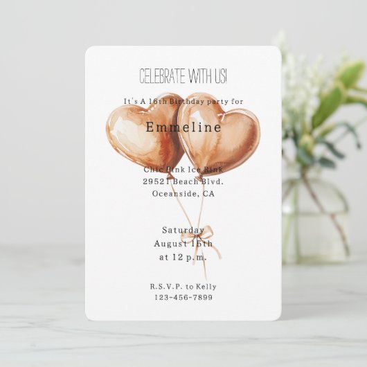 Caramel Heart Balloons Birthday Einladung (Stehend Vorderseite)