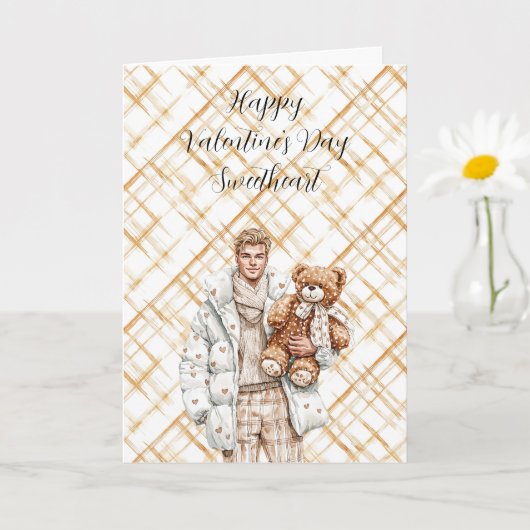 Caramel Valentine's Day Man Teddy Bear Karte (Kleine Pflanze)