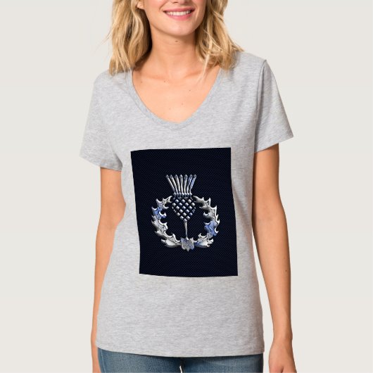 Carbon Fibre Print Silver Scottish Thistle T-Shirt (Vorderseite)