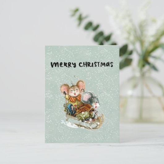 Card (10,8 x 14,2 cm) - Two Mice On A Sleigh Postkarte (Stehend Vorderseite)