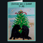 Card Newfie Beach Christmas Art Card<br><div class="desc">Hundeschlittenszene von zwei Newfids,  die neben einem Hundeweihbaum einen Knochen mit Knochentocken aufhing... ein Zeichen für Liebe und guten Willen.</div>