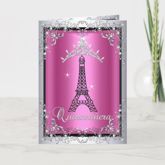 Card Quinceanera Pink Silver Tiara Eiffelturm Einladung (Vorderseite)