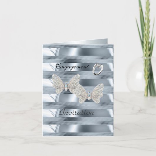 Card Verlobung Silver Blue Ring Butterfly Einladung (Vorderseite)