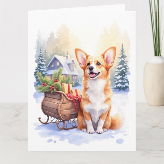 Cardigan Welsh Corgi Festive Sleigh Christmas Art Karte (Vorderseite)