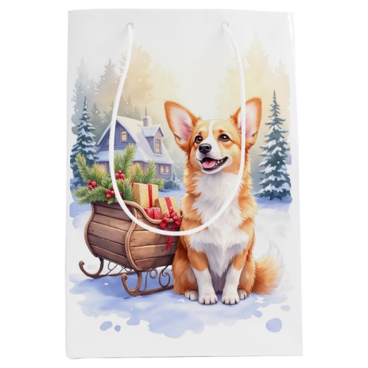 Cardigan Welsh Corgi Festive Sleigh Christmas Art Mittlere Geschenktüte (Vorderseite)