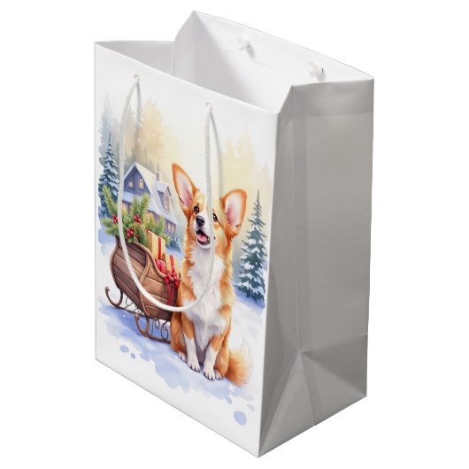 Cardigan Welsh Corgi Festive Sleigh Christmas Art Mittlere Geschenktüte (Rückseite Schrägansicht)