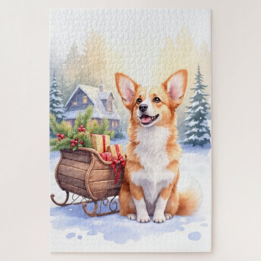 Cardigan Welsh Corgi Festive Sleigh Christmas Art Puzzle (Vertikal)