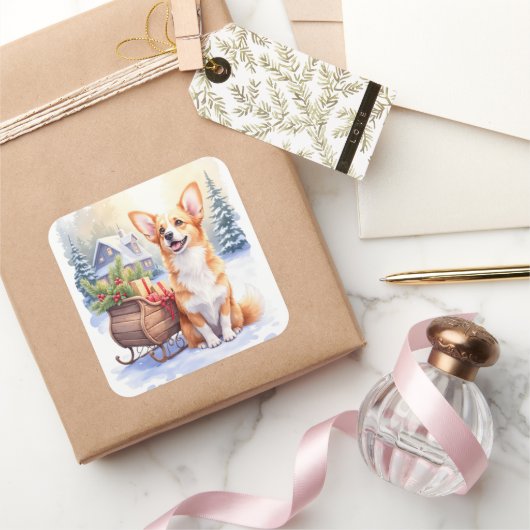 Cardigan Welsh Corgi Festive Sleigh Christmas Art Quadratischer Aufkleber (Schenken)