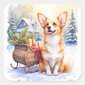 Cardigan Welsh Corgi Festive Sleigh Christmas Art Quadratischer Aufkleber (Vorderseite)