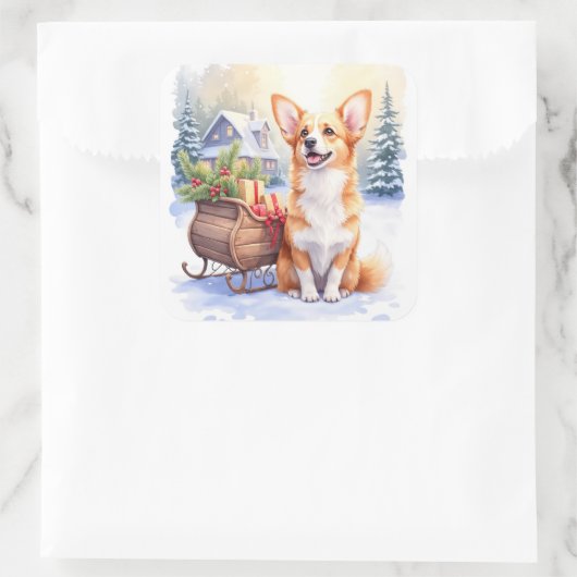Cardigan Welsh Corgi Festive Sleigh Christmas Art Quadratischer Aufkleber (Tasche)