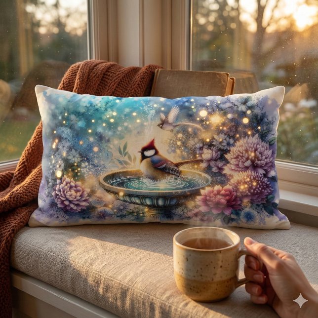 Cardinal at Birdbath Dreamy Garden Ar Lendenkissen (Cardinal at Birdbath Dreamy Garden Ar Lumbar Pillow Mockup D)