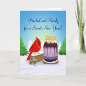 Cardinal Greets the New Year 2026 with Cake Karte (Vorderseite)