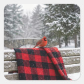 Cardinal On a Snowy Plaid Blanket Quadratischer Aufkleber (Vorderseite)