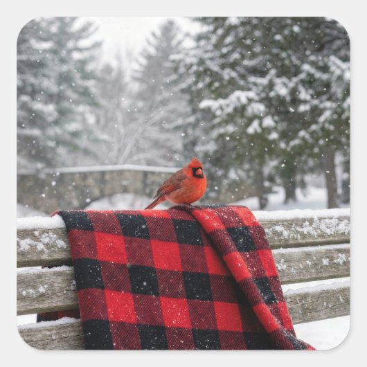 Cardinal On a Snowy Plaid Blanket Quadratischer Aufkleber (Vorderseite)