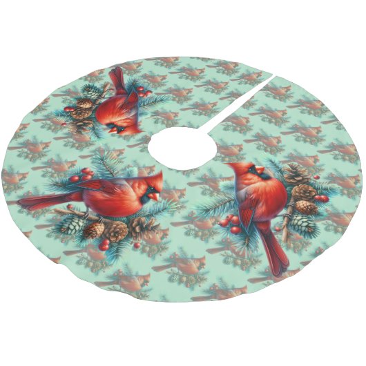 Cardinal on Pine Branch with Winter Berries Polyester Weihnachtsbaumdecke (Schrägansicht)