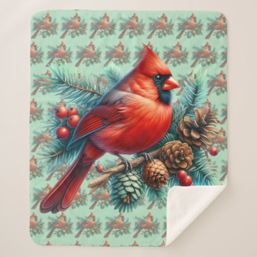 Cardinal on Pine Branch with Winter Berries Sherpadecke (Vorderseite)