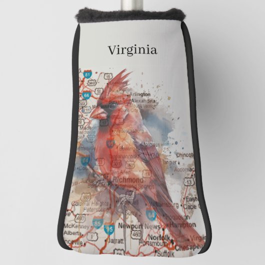 Cardinal on Virginia Road Map Watercolor Art Golf Headcover (Rotieren 90)