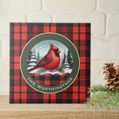 Cardinal Snow n Buffalo Plaid Family Name Monogram Fliese