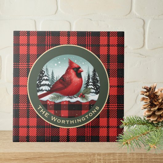 Cardinal Snow n Buffalo Plaid Family Name Monogram Fliese
