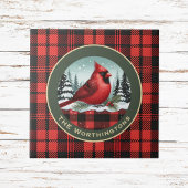 Cardinal Snow n Buffalo Plaid Family Name Monogram Fliese