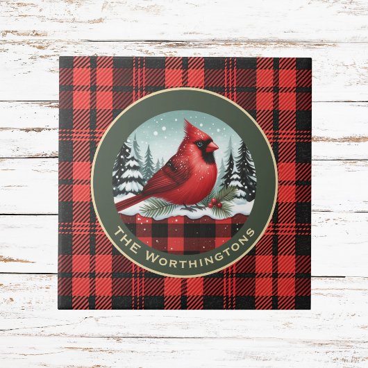 Cardinal Snow n Buffalo Plaid Family Name Monogram Fliese