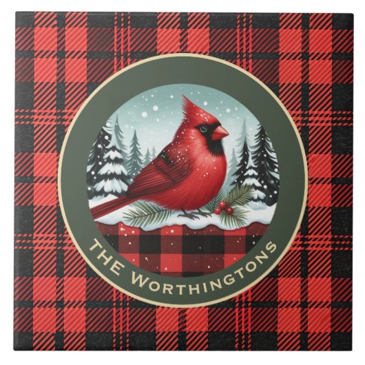 Cardinal Snow n Buffalo Plaid Family Name Monogram Fliese (Vorderseite)