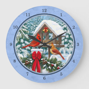 Cardinals Christmas Feast Blue Große Wanduhr