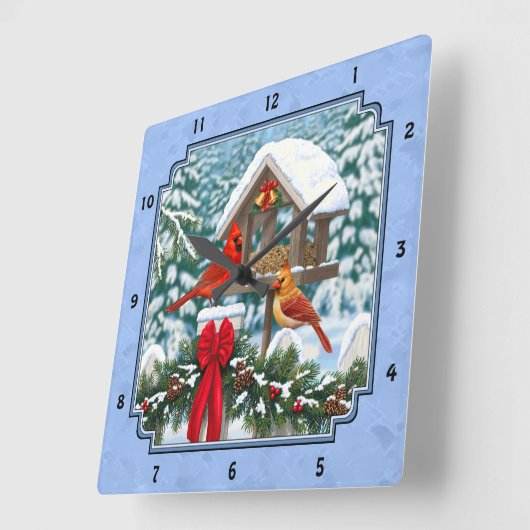 Cardinals Christmas Feast Blue Quadratische Wanduhr (Winkel)