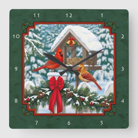 Cardinals Christmas Feast Green Quadratische Wanduhr (Vorderseite)